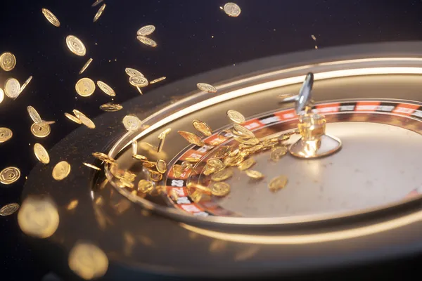 সোনালি কয়েনের ঝর্ণার মধ্যে ঘূর্ণায়মান একটি রুলেট চাকার ক্লোজ-আপ—যা TAS71–এ গভীর ক্যাসিনো অ্যাকশনকে তুলে ধরে।