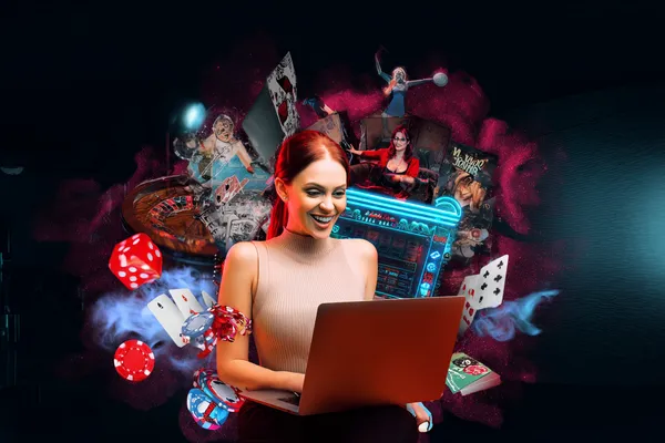 A woman smiling while playing online games on her laptop, surrounded by neon casino elements, showcasing TAS71’s diverse game collection.