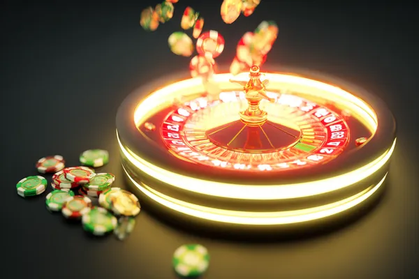 A glowing roulette wheel with cascading chips, symbolizing the engaging live and instant-win games available on TAS71.