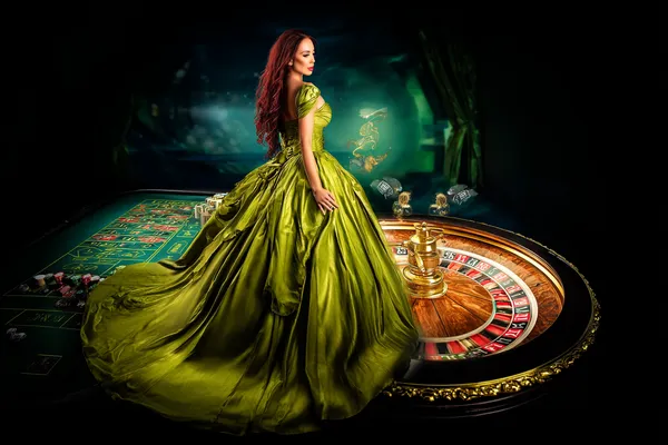 A woman in a luxurious green gown next to an ornate roulette wheel, capturing the upscale casino mood of TAS71.
