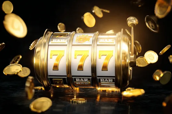 A dramatic shot of winning sevens landing on a slot reel surrounded by shining gold coins, symbolizing big wins.